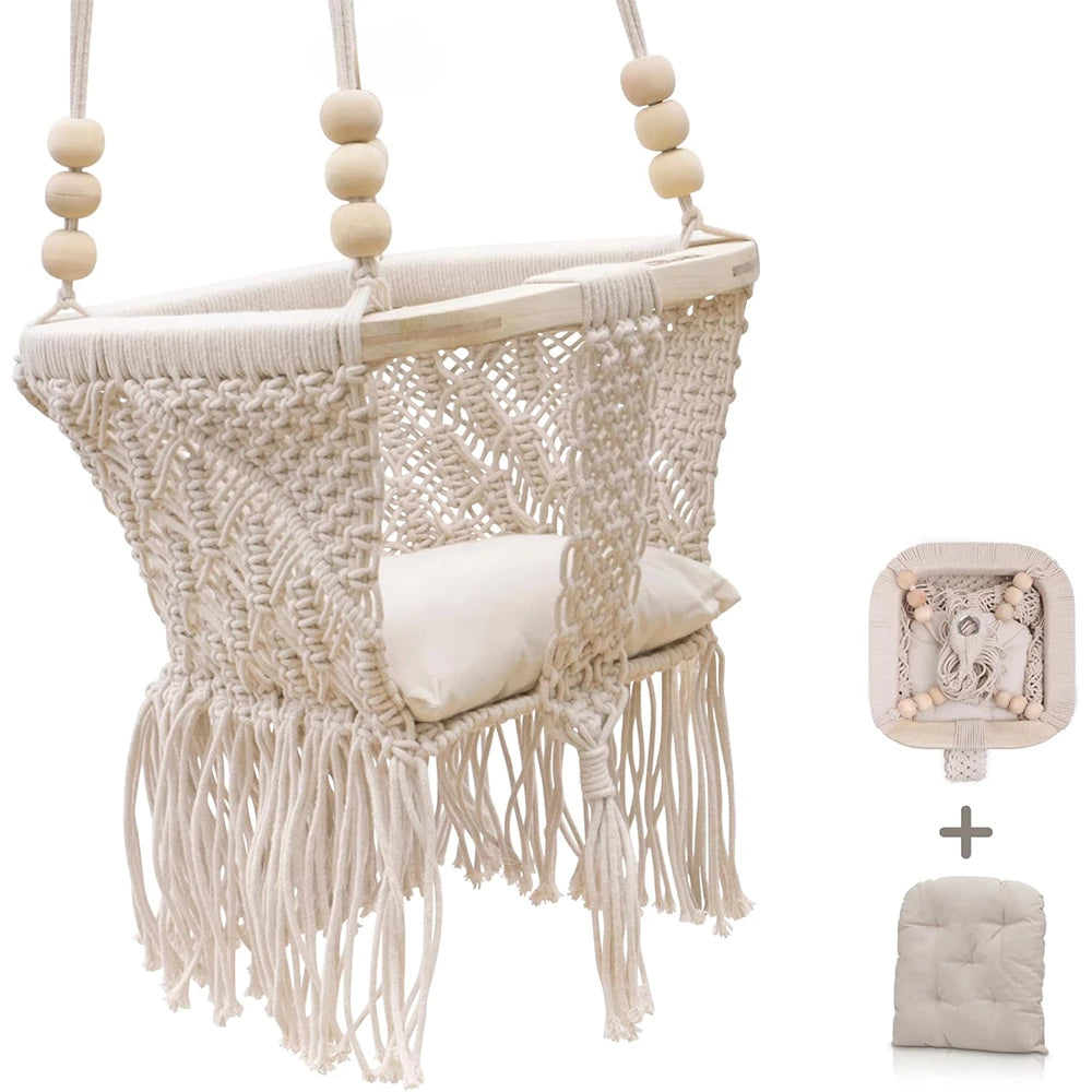 Baby Swing Chair with Cushion & Portable Canvas Backpack | Boho Baby Swing Outdoor Indoor Infants & Toddler | Hanging Rope Baby Gift Swing