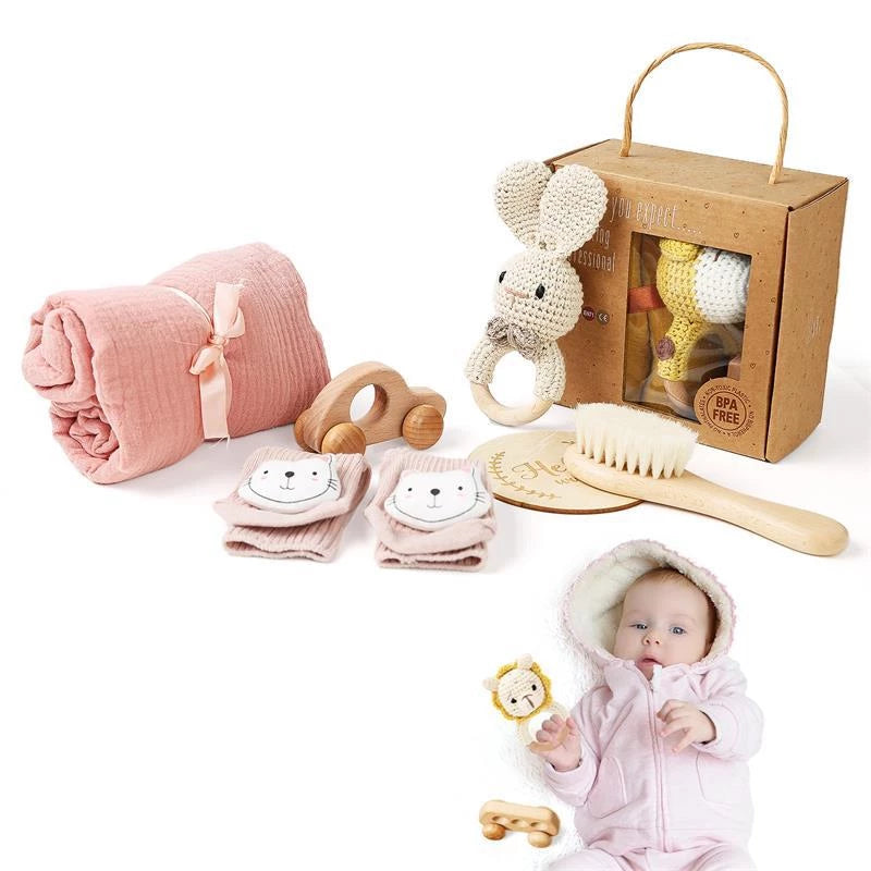 Baby Gift Set for Newborn New Baby Gift Set - 6 PCS Newborn Baby Essentials Baby Bath Set with Baby Rattle & Cotton Socks