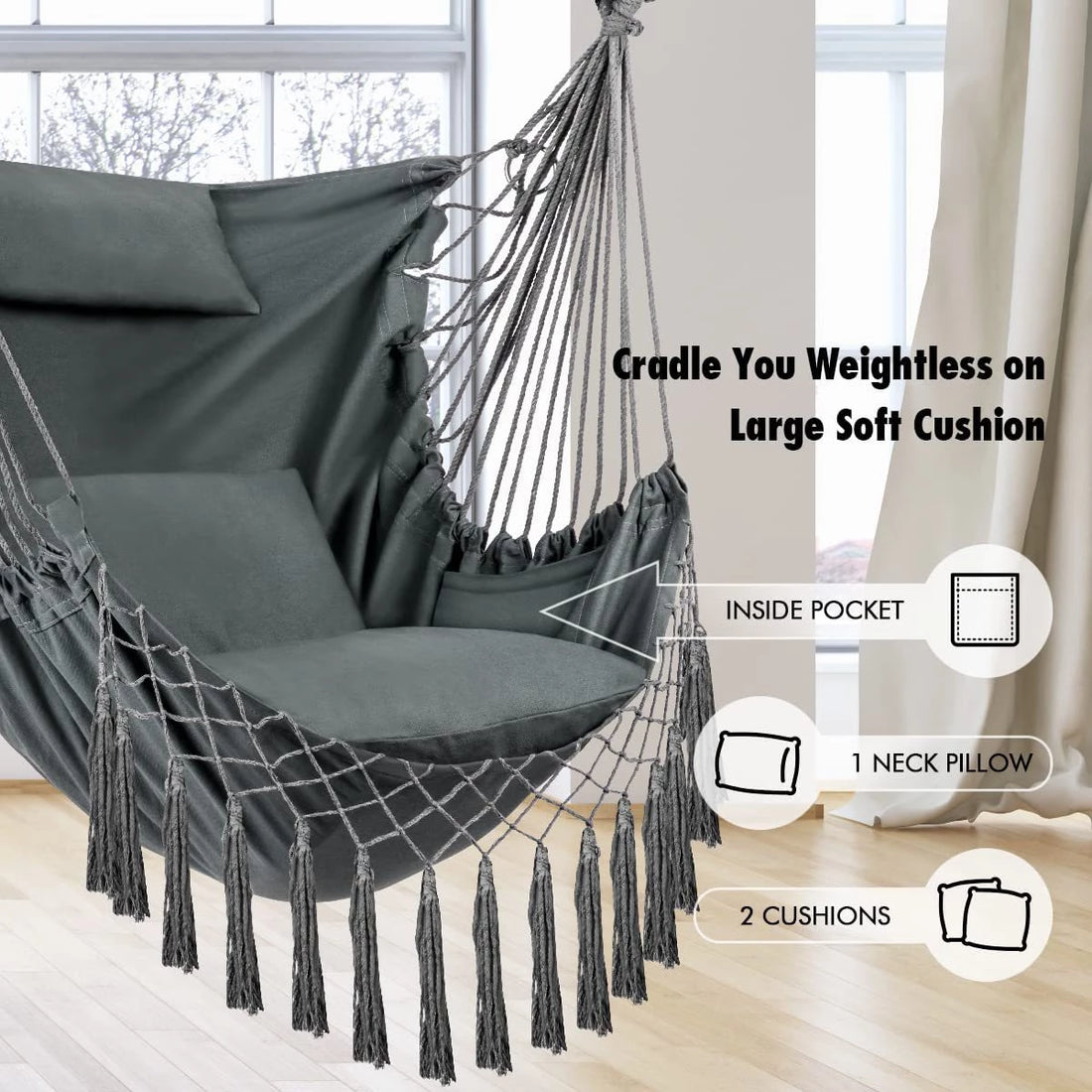 Hammock Chair Hanging Rope Swing with Hanging Hardware Kits and 2cushions&1 Neck Pillow, Large Macrame Hanging Chair, Side with Pocket for Patio, Bedroom, Backyard Max 330 Lbs