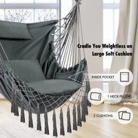 Hammock Chair Hanging Rope Swing with Hanging Hardware Kits and 2cushions&1 Neck Pillow, Large Macrame Hanging Chair, Side with Pocket for Patio, Bedroom, Backyard Max 330 Lbs