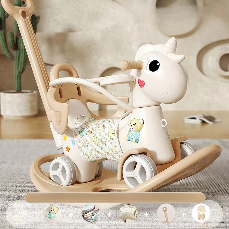 Rocking Horse for Toddler Balance Bike Ride On Toys with Push Handle Backrest Balance Board for Birthday