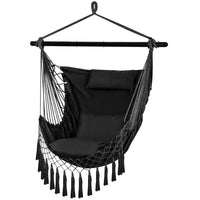 Hammock Chair Hanging Rope Swing with Hanging Hardware Kits and 2cushions&1 Neck Pillow, Large Macrame Hanging Chair, Side with Pocket for Patio, Bedroom, Backyard Max 330 Lbs