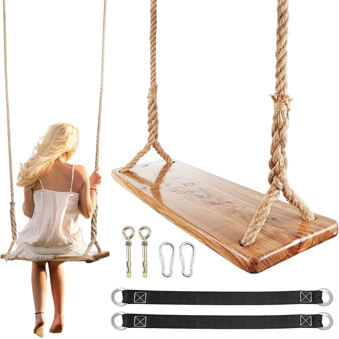 Wooden Tree Swing,500lbs Load Capacity Wooden Swing for Adults & Kids,Adjustable Height,Waterproof Hanging Swing Seat