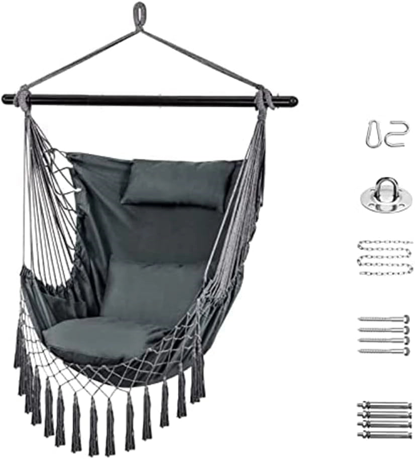 Hammock Chair Hanging Rope Swing with Hanging Hardware Kits and 2cushions&1 Neck Pillow, Large Macrame Hanging Chair, Side with Pocket for Patio, Bedroom, Backyard Max 330 Lbs