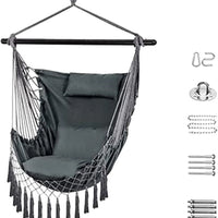 Hammock Chair Hanging Rope Swing with Hanging Hardware Kits and 2cushions&1 Neck Pillow, Large Macrame Hanging Chair, Side with Pocket for Patio, Bedroom, Backyard Max 330 Lbs