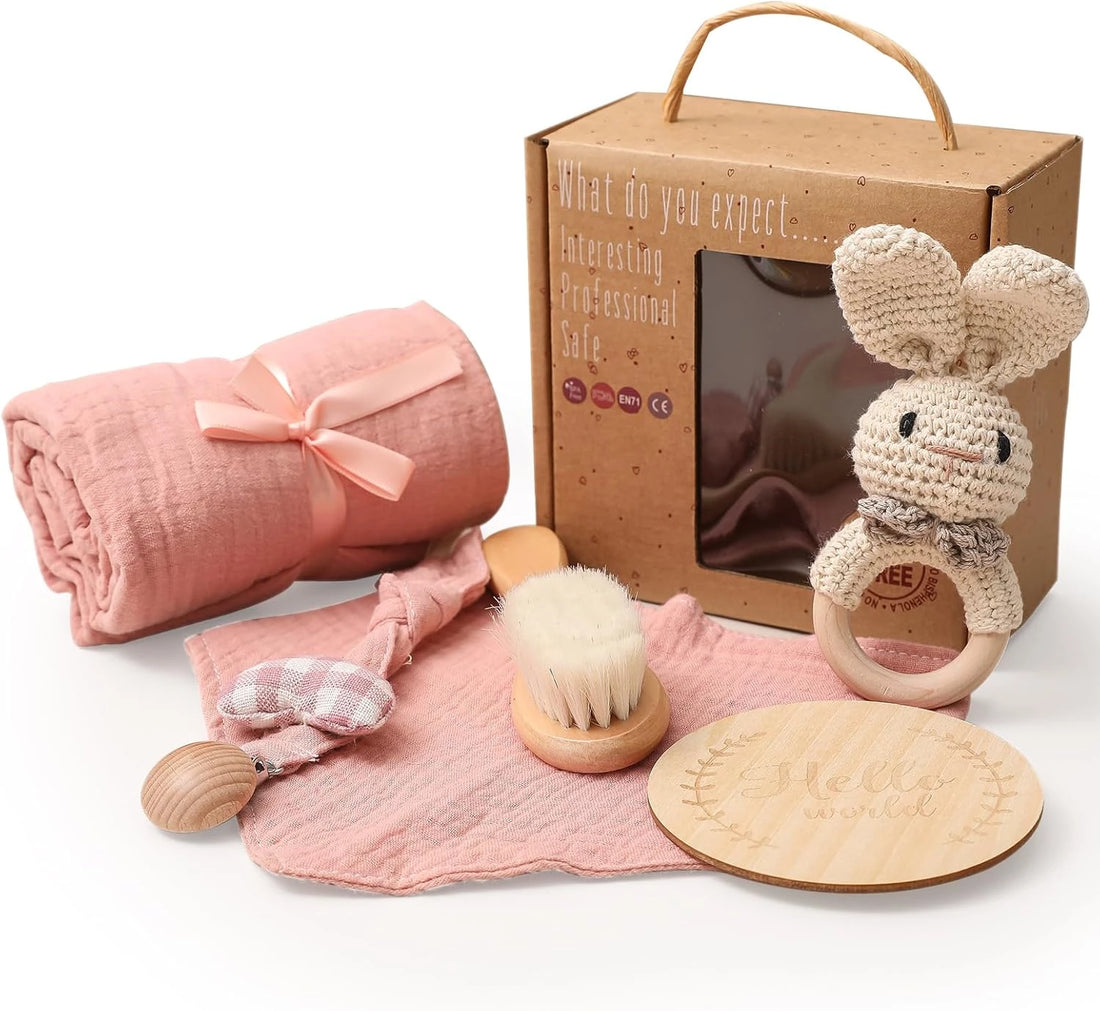 Baby Gift Set for Newborn, for Girls & Boys - 6 PCS Newborn Baby Essentials Baby Bath Set with Baby Blanket Baby Rattle - New Born Baby Girls Gift & Baby Boy Gifts Bunny