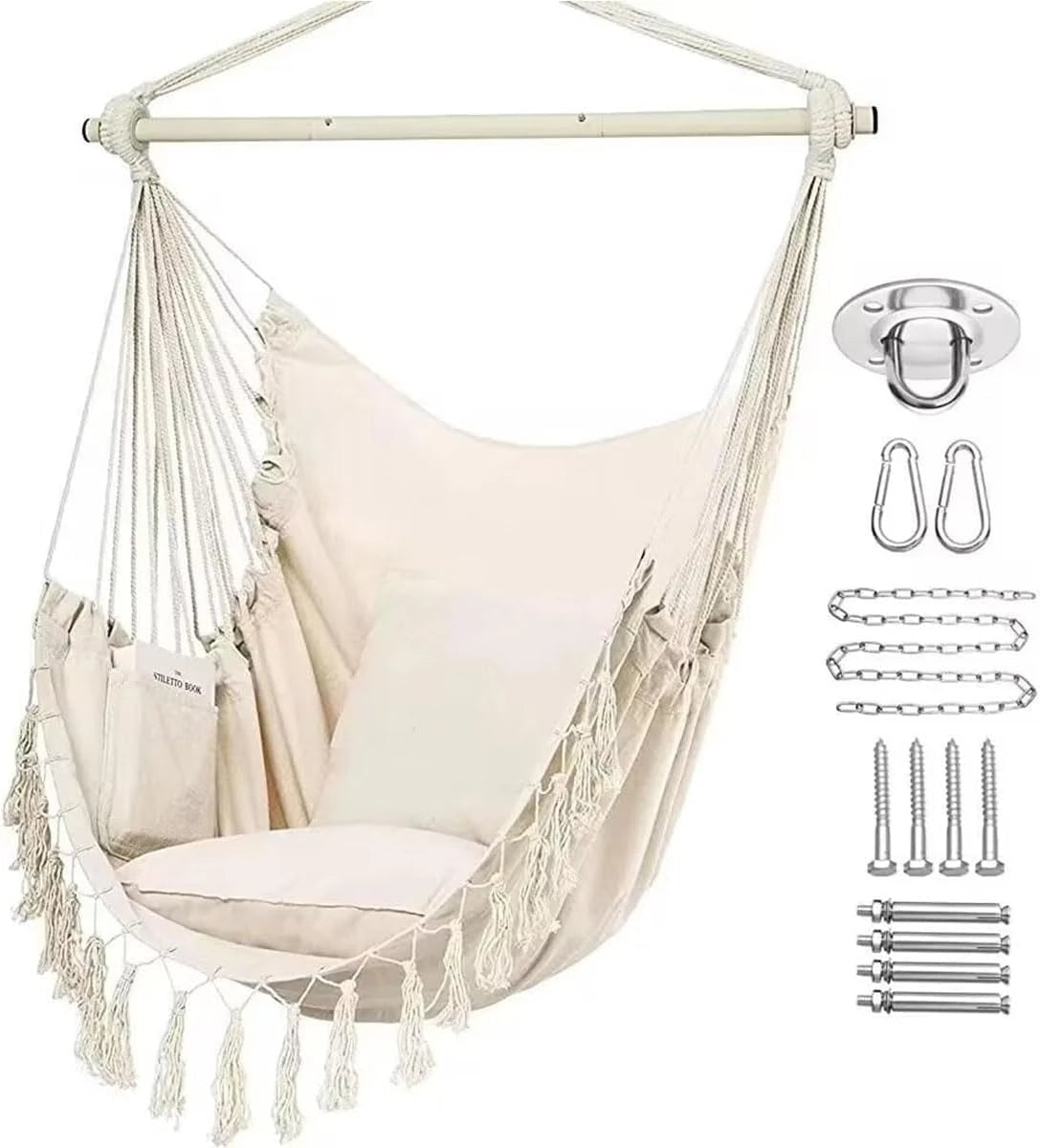 Hammock Chair, Swing Chair, Hanging Chair for Bedroom Outdoor Indoor, Macrame Rope Swing with Hardware Kit, 2 Cushions and Pocket