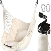 Hammock Chair Swing Chair 2 Seat Cushions Included,Strong Webbing Straps and Hooks for Easy Hanging Soft Cotton Weave Hanging Chair Side Pocket Indoor Outdoor