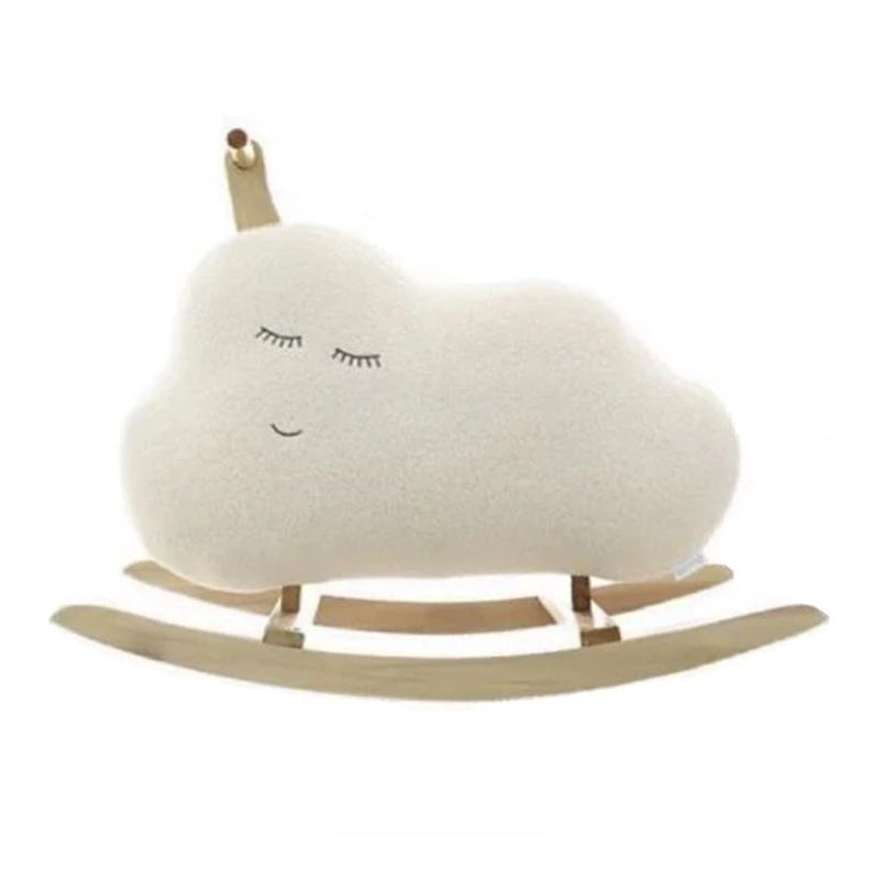 Rainbow Rocker Fully Assembled Natural Wood Rocking Horse with Soft Fleece Multi-Color Puffy Plush Clouds