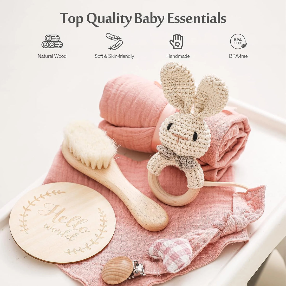 Baby Gift Set for Newborn, for Girls & Boys - 6 PCS Newborn Baby Essentials Baby Bath Set with Baby Blanket Baby Rattle - New Born Baby Girls Gift & Baby Boy Gifts Bunny