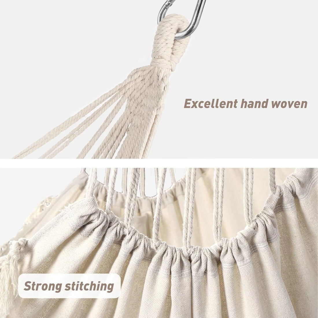 Hammock Chair Swing Chair 2 Seat Cushions Included,Strong Webbing Straps and Hooks for Easy Hanging Soft Cotton Weave Hanging Chair Side Pocket Indoor Outdoor