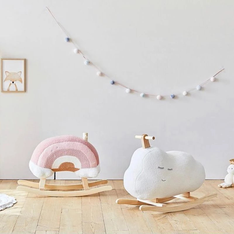 Rainbow Rocker Fully Assembled Natural Wood Rocking Horse with Soft Fleece Multi-Color Puffy Plush Clouds