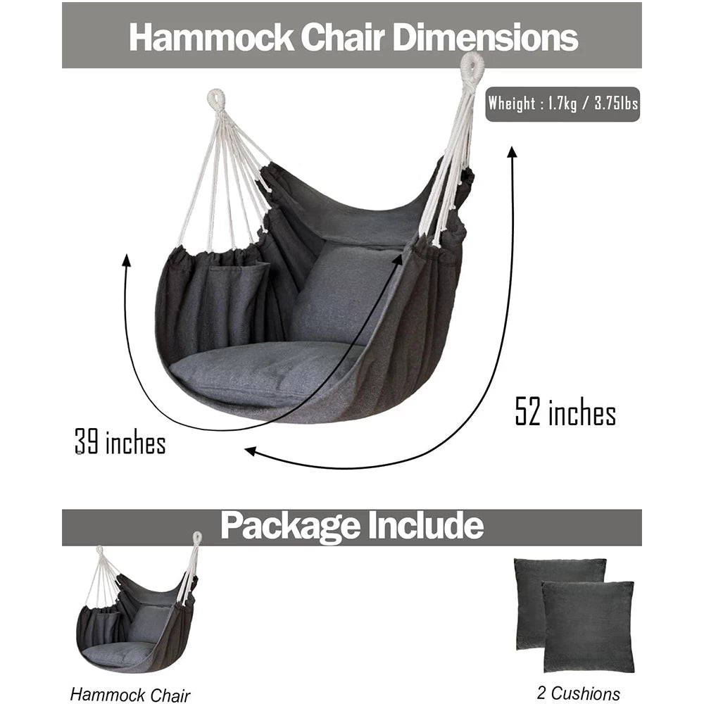 Deluxe Hammock Chair, Hanging Hammock Chair, Rope Swing and 2 Cushions Included, Sturdy & Durable Soft Cotton Hand Woven Hammock Swing for Bedroom, Porch, Patio-Indoor/Outdoor