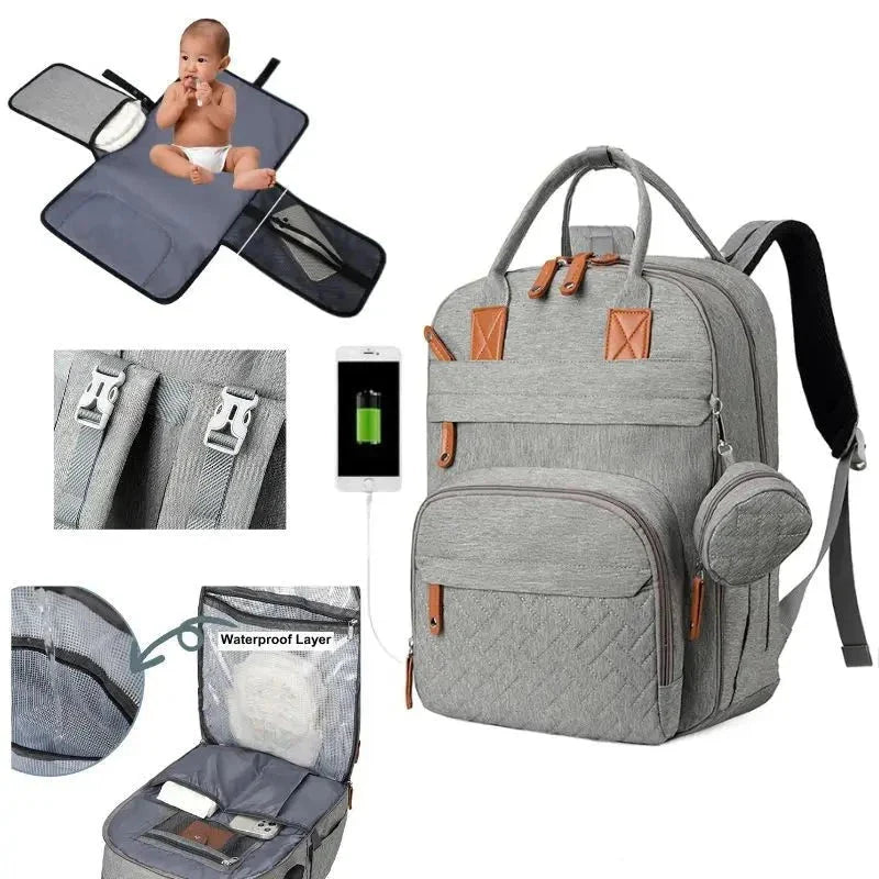 3-in-1 Unisex Nappy Bag Backpack with Foldable Changing Pad