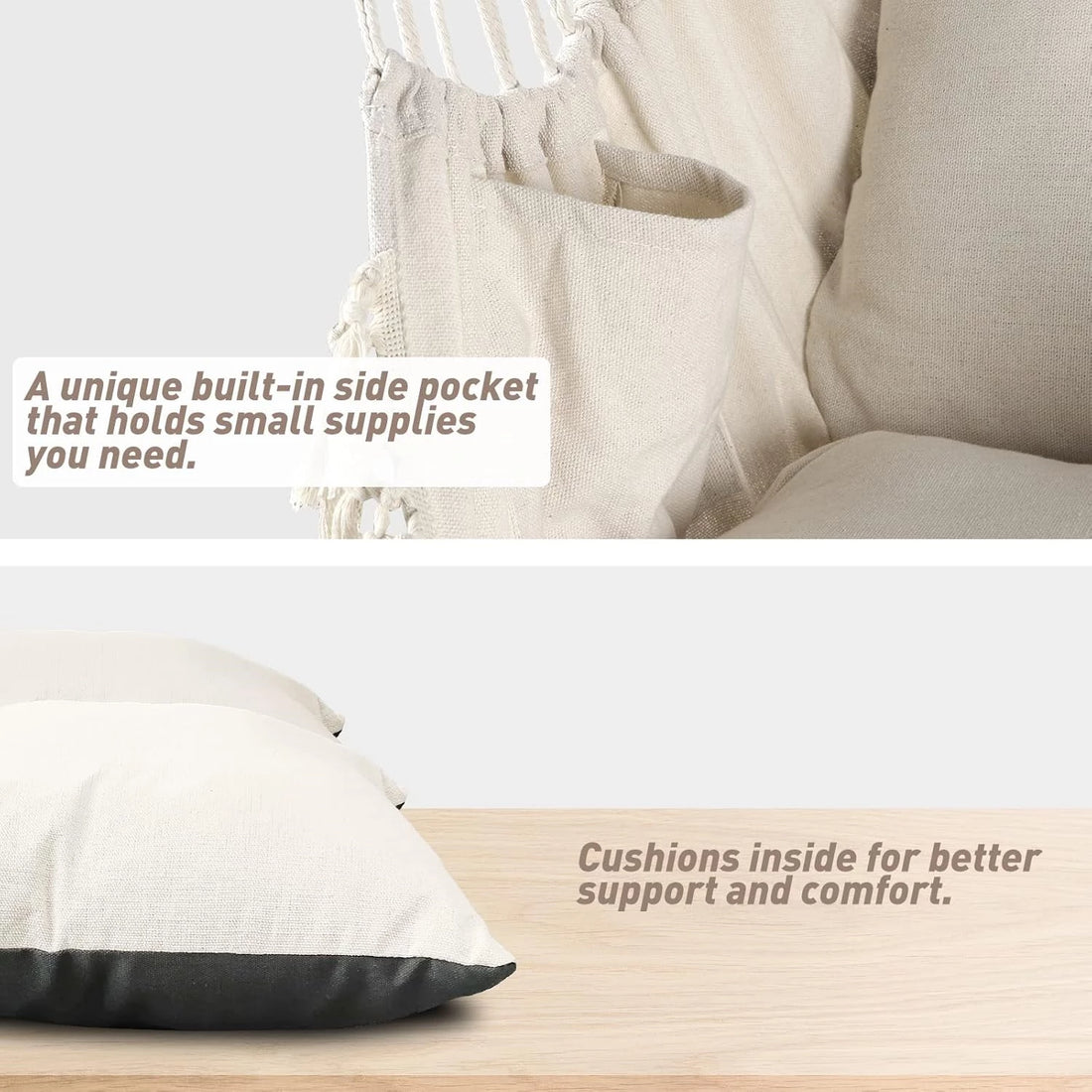 Hammock Chair Swing Chair 2 Seat Cushions Included,Strong Webbing Straps and Hooks for Easy Hanging Soft Cotton Weave Hanging Chair Side Pocket Indoor Outdoor