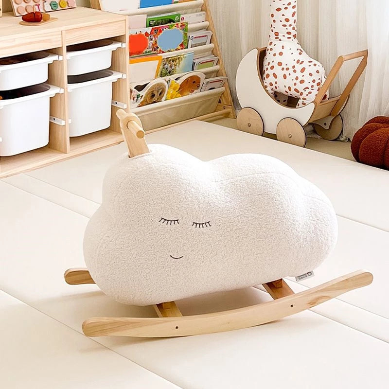 Rainbow Rocker Fully Assembled Natural Wood Rocking Horse with Soft Fleece Multi-Color Puffy Plush Clouds