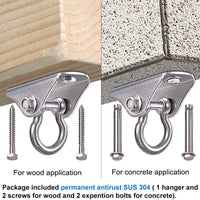 Permanent Antirust Stainless Steel Heavy Duty Swing Hanger, 1000 LB Capacity, 2 Screws for Wooden and 2 Expansion Bolts for Concrete, Yoga Hammock Chair Sandbag Swing Sets, 180° Swing