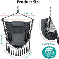 Hammock Chair Hanging Rope Swing with Hanging Hardware Kits and 2cushions&1 Neck Pillow, Large Macrame Hanging Chair, Side with Pocket for Patio, Bedroom, Backyard Max 330 Lbs