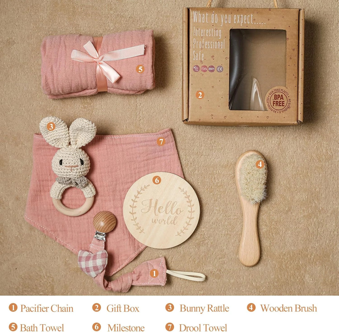 Baby Gift Set for Newborn, for Girls & Boys - 6 PCS Newborn Baby Essentials Baby Bath Set with Baby Blanket Baby Rattle - New Born Baby Girls Gift & Baby Boy Gifts Bunny