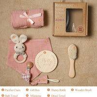 Baby Gift Set for Newborn, for Girls & Boys - 6 PCS Newborn Baby Essentials Baby Bath Set with Baby Blanket Baby Rattle - New Born Baby Girls Gift & Baby Boy Gifts Bunny