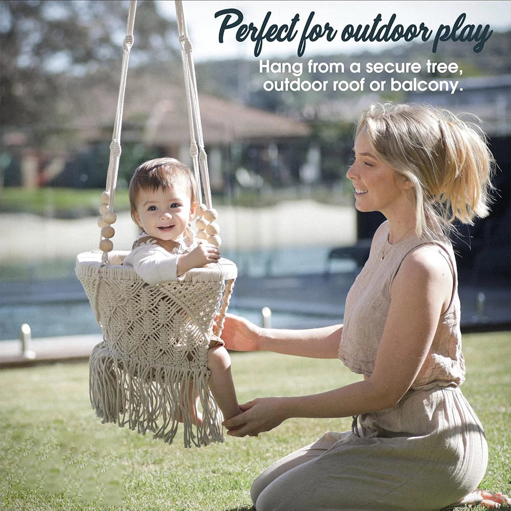 Baby Swing Chair with Cushion & Portable Canvas Backpack | Boho Baby Swing Outdoor Indoor Infants & Toddler | Hanging Rope Baby Gift Swing