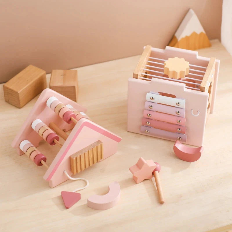 Wooden 5 in 1 Pink House Busy Cube