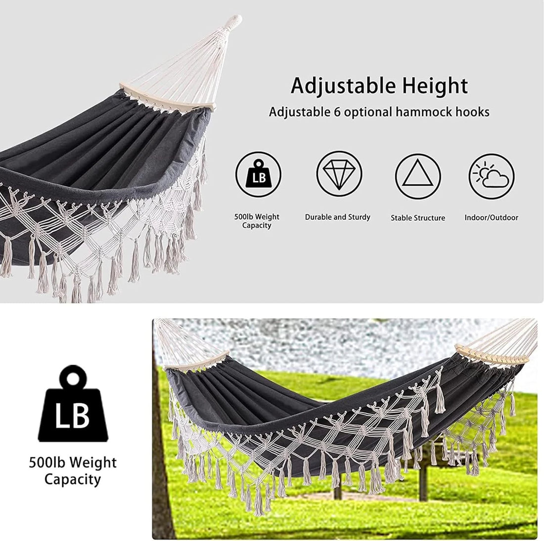 Double Hammock Hanging Swing -Boho Hammocks Load-bearing 500lbs - Portable Hammock for Indoor Outdoor Patio Yard Garden