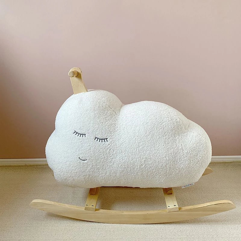 Rainbow Rocker Fully Assembled Natural Wood Rocking Horse with Soft Fleece Multi-Color Puffy Plush Clouds