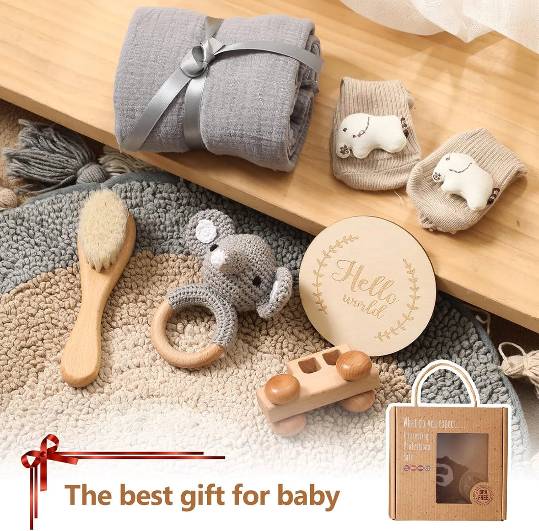 Baby Gift Set for Newborn New Baby Gift Set - 6 PCS Newborn Baby Essentials Baby Bath Set with Baby Rattle & Cotton Socks