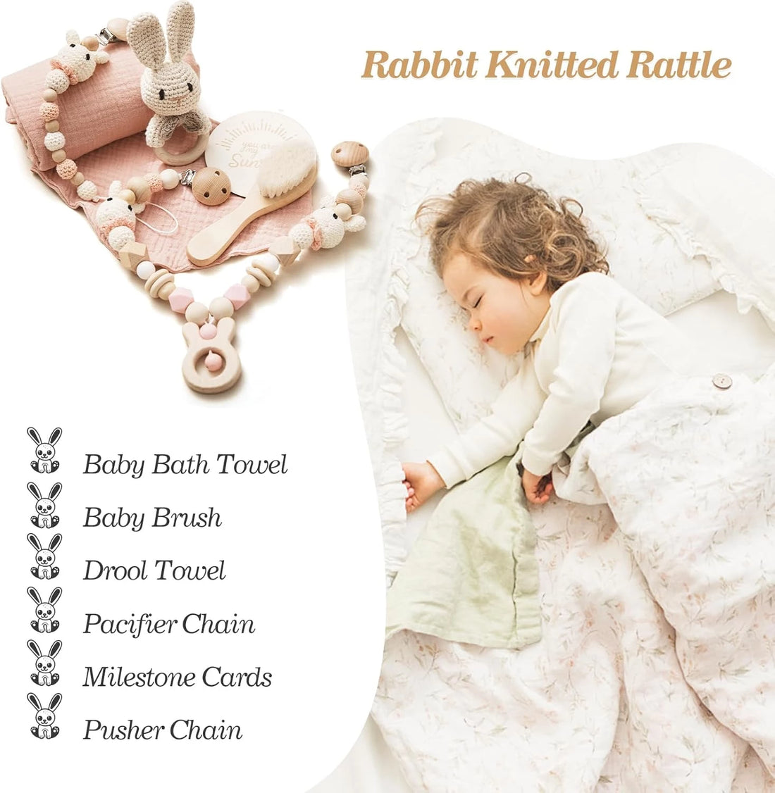 Baby Gift Set for Newborn - 7 PCS Newborn Baby Essentials Baby Bath Set with Baby Blanket Baby Rattle Bunny