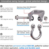 Permanent Antirust Stainless Steel Heavy Duty Swing Hanger, 1000 LB Capacity, 2 Screws for Wooden and 2 Expansion Bolts for Concrete, Yoga Hammock Chair Sandbag Swing Sets, 180° Swing