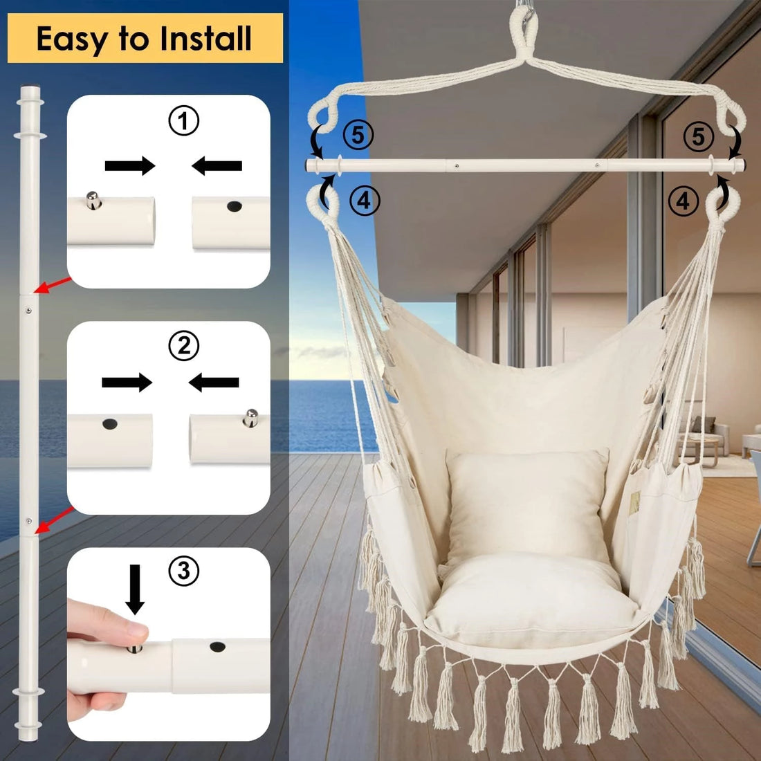 Hammock Chair, Swing Chair, Hanging Chair for Bedroom Outdoor Indoor, Macrame Rope Swing with Hardware Kit, 2 Cushions and Pocket