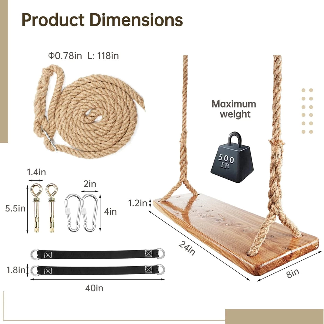 Wooden Tree Swing,500lbs Load Capacity Wooden Swing for Adults & Kids,Adjustable Height,Waterproof Hanging Swing Seat