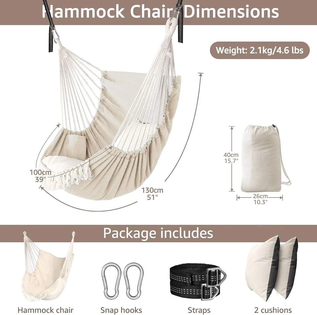 Hammock Chair Swing Chair 2 Seat Cushions Included,Strong Webbing Straps and Hooks for Easy Hanging Soft Cotton Weave Hanging Chair Side Pocket Indoor Outdoor