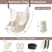 Hammock Chair Swing Chair 2 Seat Cushions Included,Strong Webbing Straps and Hooks for Easy Hanging Soft Cotton Weave Hanging Chair Side Pocket Indoor Outdoor