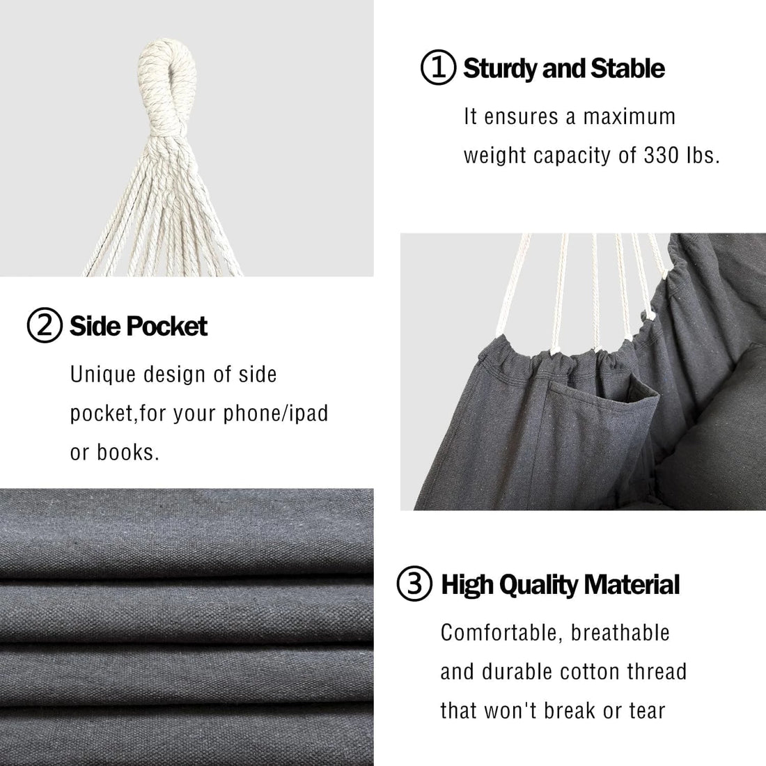 Deluxe Hammock Chair, Hanging Hammock Chair, Rope Swing and 2 Cushions Included, Sturdy & Durable Soft Cotton Hand Woven Hammock Swing for Bedroom, Porch, Patio-Indoor/Outdoor