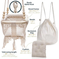 Baby Swing Chair with Cushion & Portable Canvas Backpack | Boho Baby Swing Outdoor Indoor Infants & Toddler | Hanging Rope Baby Gift Swing