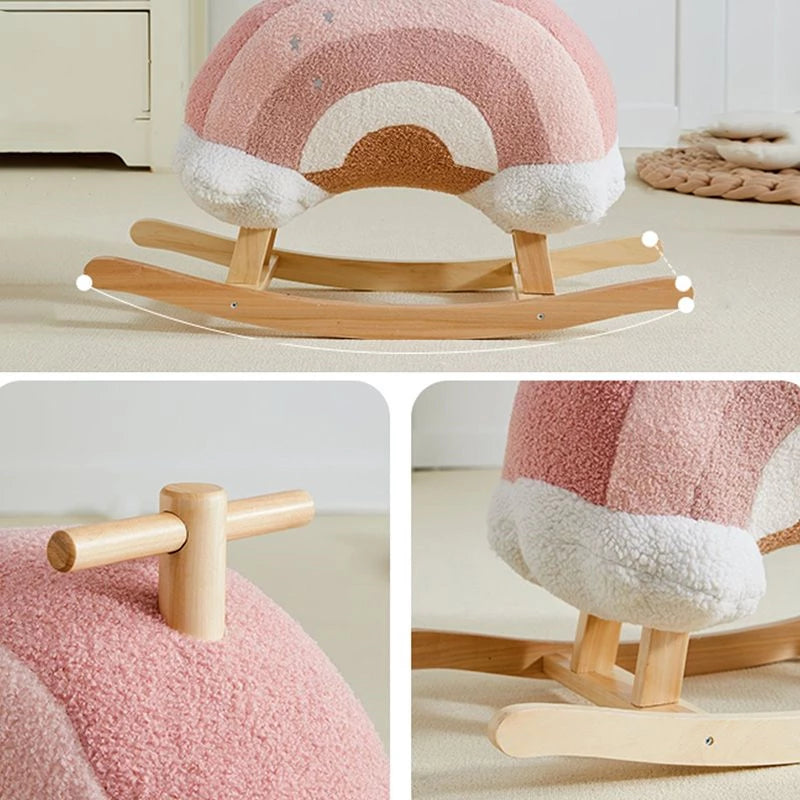 Rainbow Rocker Fully Assembled Natural Wood Rocking Horse with Soft Fleece Multi-Color Puffy Plush Clouds