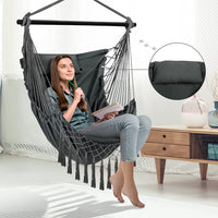 Hammock Chair Hanging Rope Swing with Hanging Hardware Kits and 2cushions&1 Neck Pillow, Large Macrame Hanging Chair, Side with Pocket for Patio, Bedroom, Backyard Max 330 Lbs