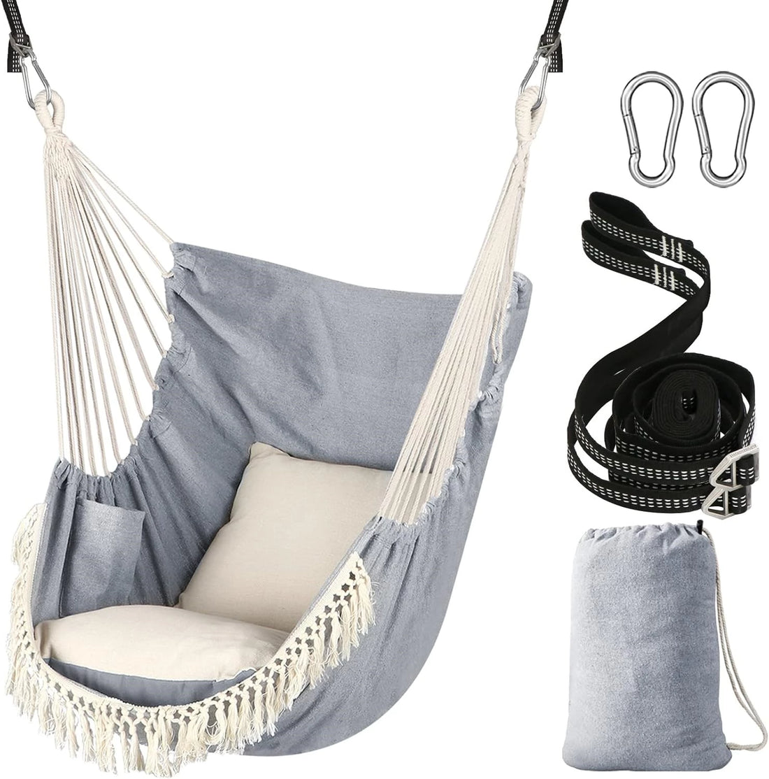 Hammock Chair Swing Chair 2 Seat Cushions Included,Strong Webbing Straps and Hooks for Easy Hanging Soft Cotton Weave Hanging Chair Side Pocket Indoor Outdoor