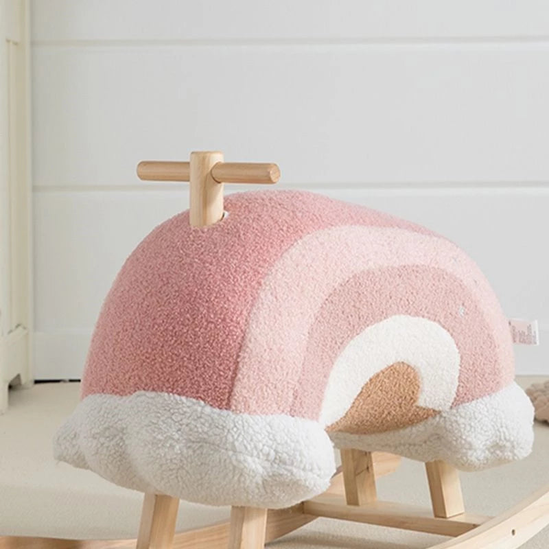 Rainbow Rocker Fully Assembled Natural Wood Rocking Horse with Soft Fleece Multi-Color Puffy Plush Clouds