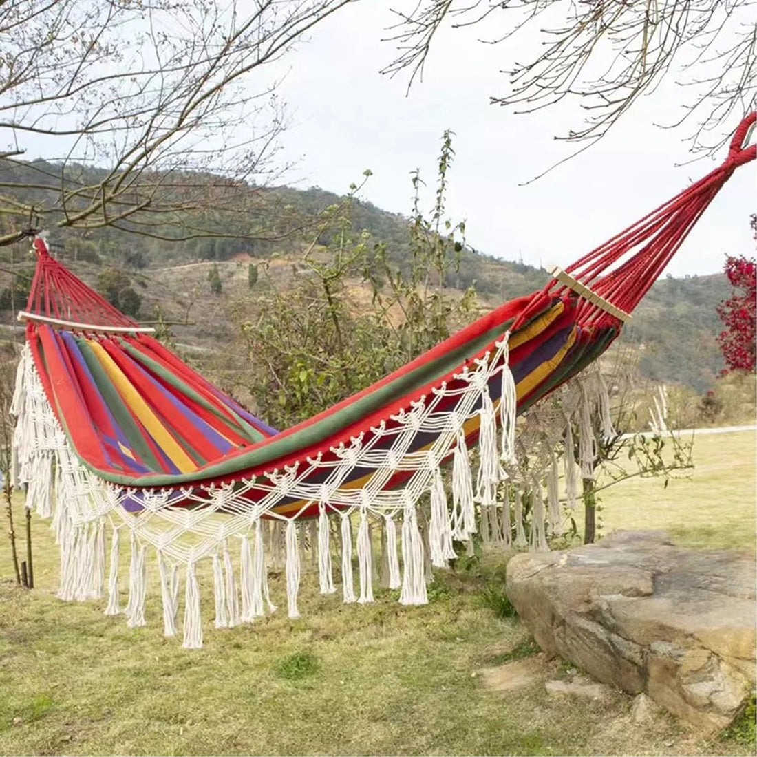Double Hammock Hanging Swing -Boho Hammocks Load-bearing 500lbs - Portable Hammock for Indoor Outdoor Patio Yard Garden