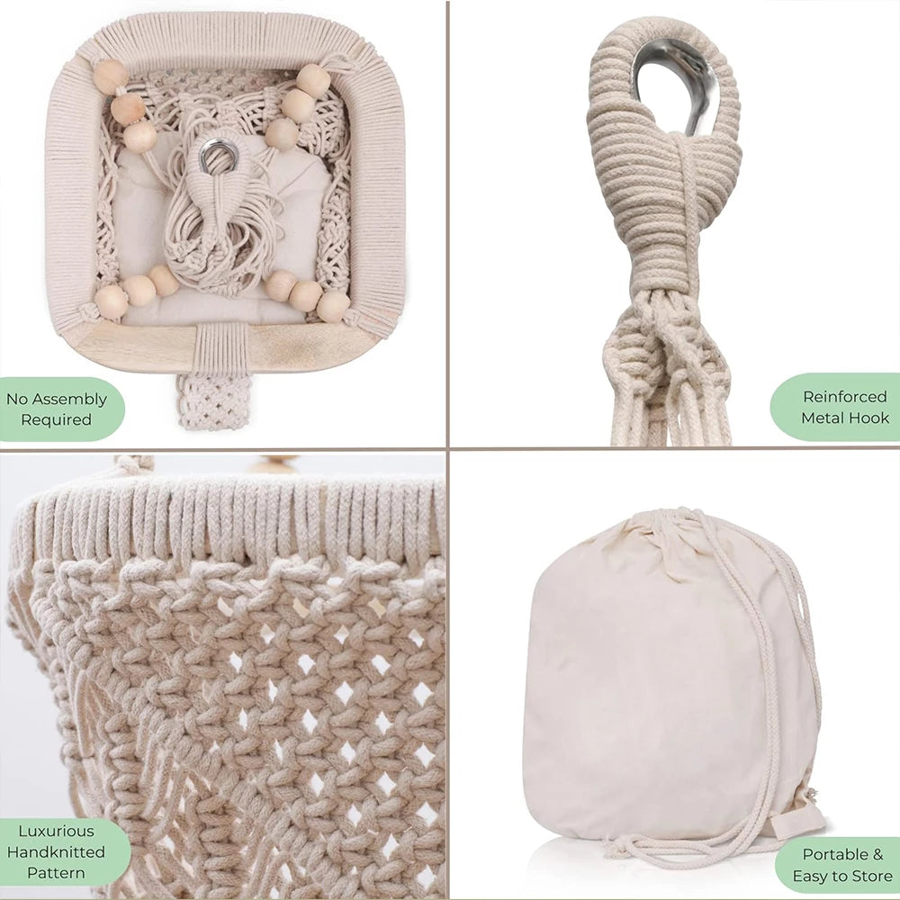 Baby Swing Chair with Cushion & Portable Canvas Backpack | Boho Baby Swing Outdoor Indoor Infants & Toddler | Hanging Rope Baby Gift Swing