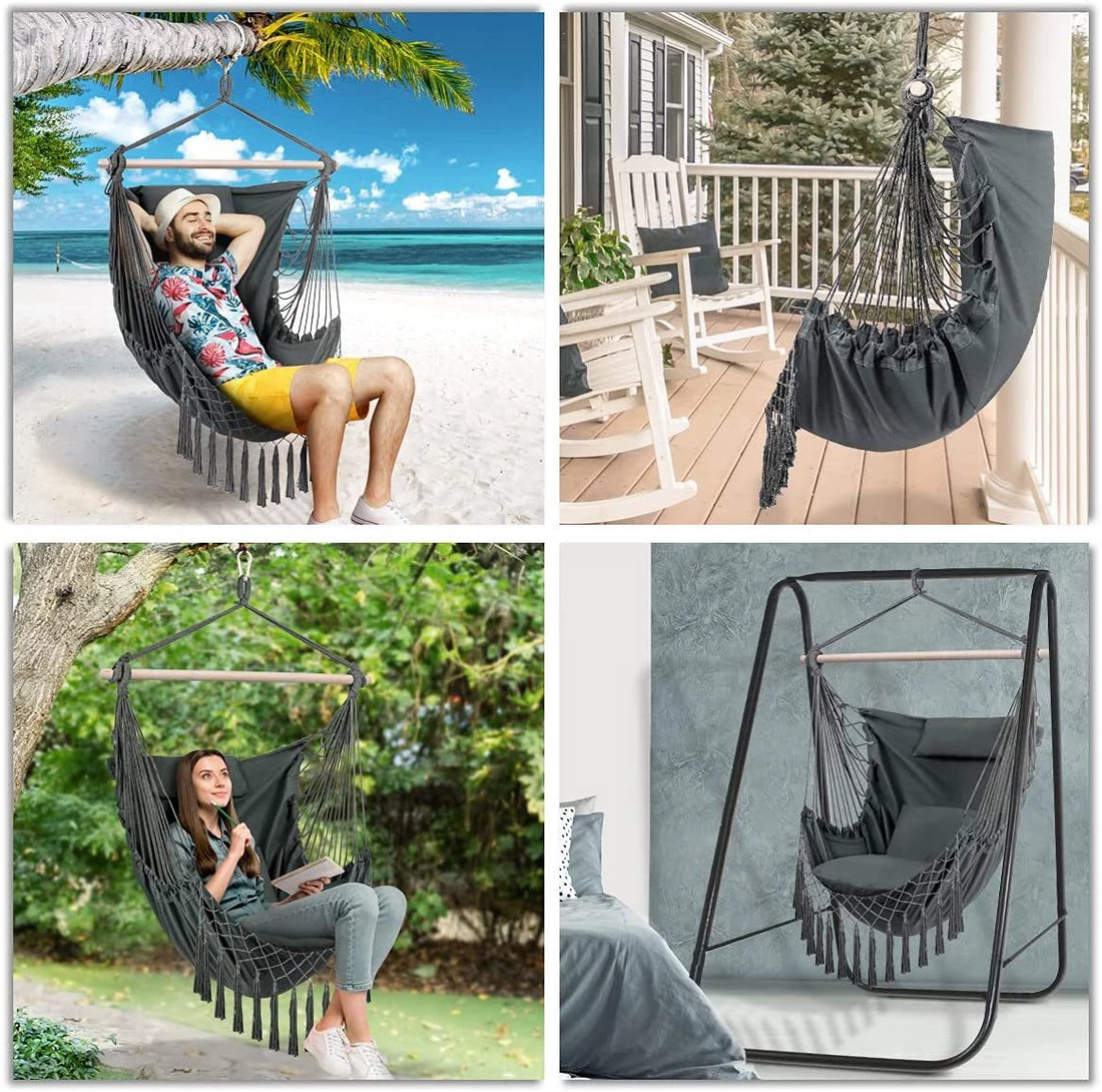 Hammock Chair Hanging Rope Swing with Hanging Hardware Kits and 2cushions&1 Neck Pillow, Large Macrame Hanging Chair, Side with Pocket for Patio, Bedroom, Backyard Max 330 Lbs