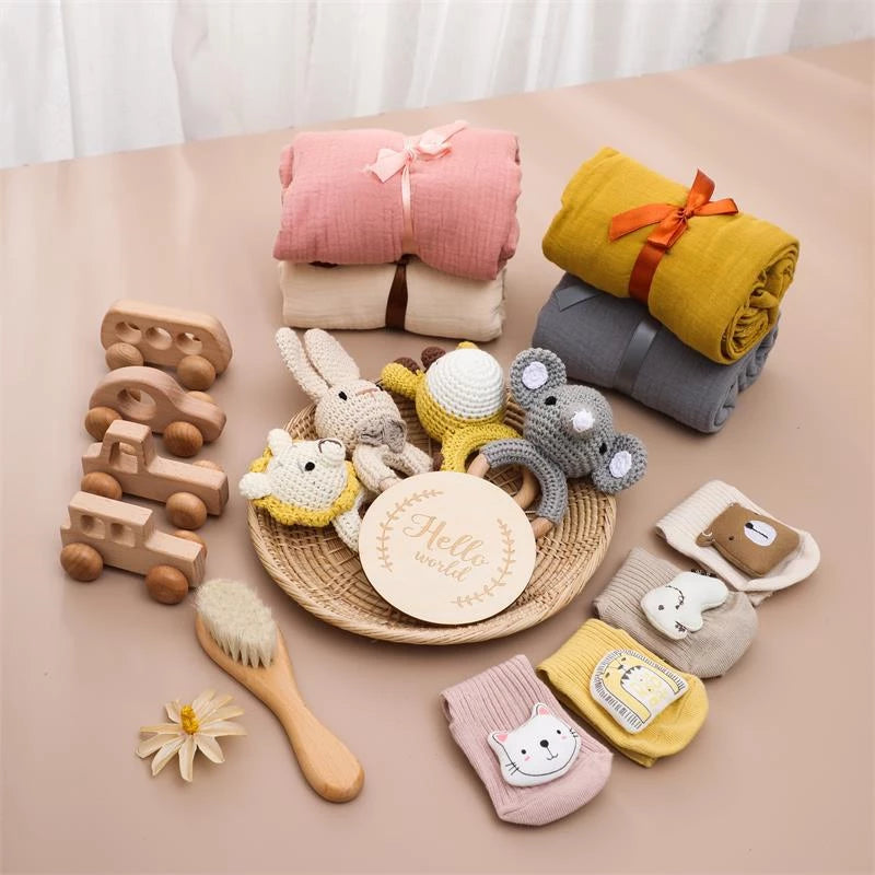 Baby Gift Set for Newborn New Baby Gift Set - 6 PCS Newborn Baby Essentials Baby Bath Set with Baby Rattle & Cotton Socks
