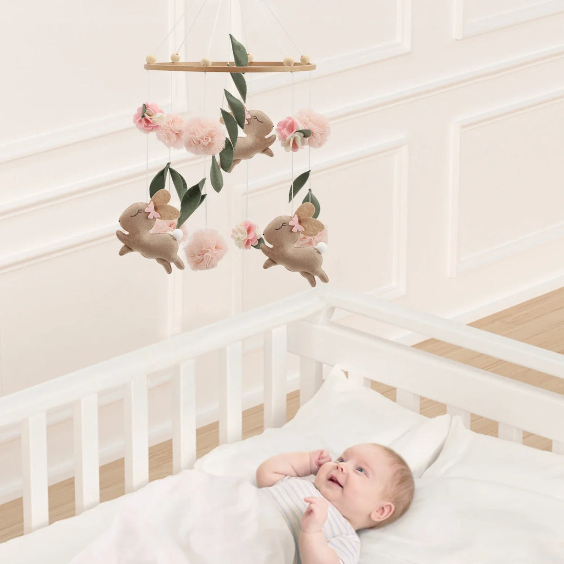 Handmade Bunny Rabbit Crib Mobile | Floral & Boho Nursery Decor | Soft Felt & Wooden
