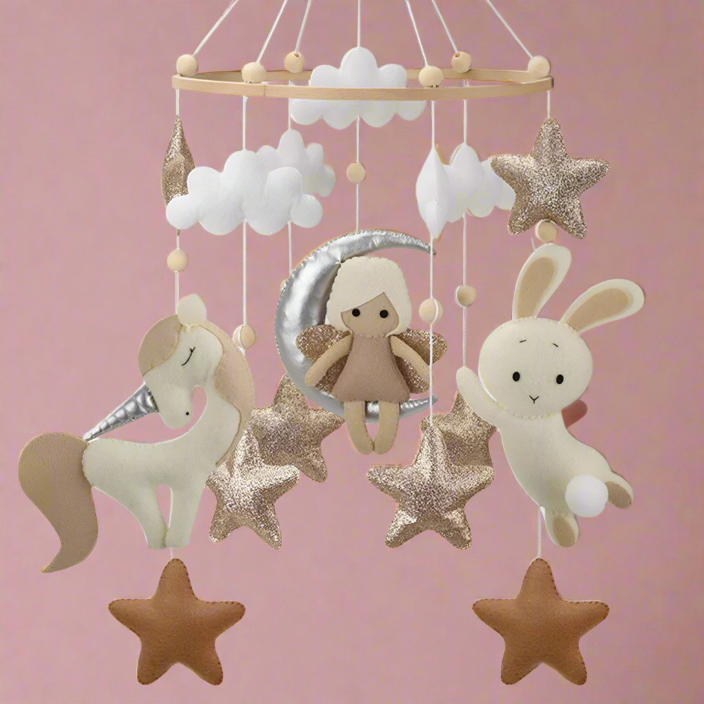 Fairy on the Moon Baby Mobile with Unicorn & Bunny Balloons | Nursery Crib Hanging Decor