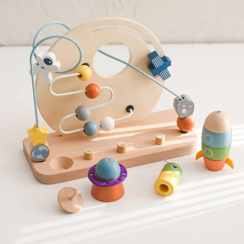 Wooden Space-Themed Beaded Busy Toy for Babies | Educational & Eco-Friendly Fun