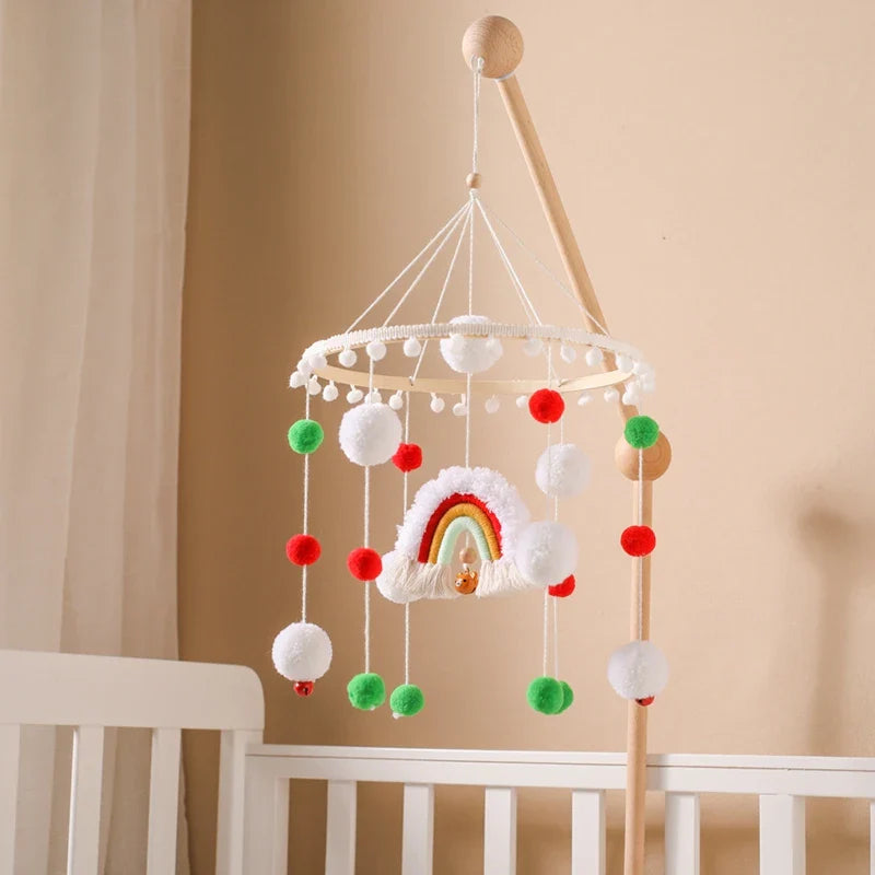 Boho Rainbow Wooden Crib Mobile with Felt & Wool Balls - Baby Crib Mobile