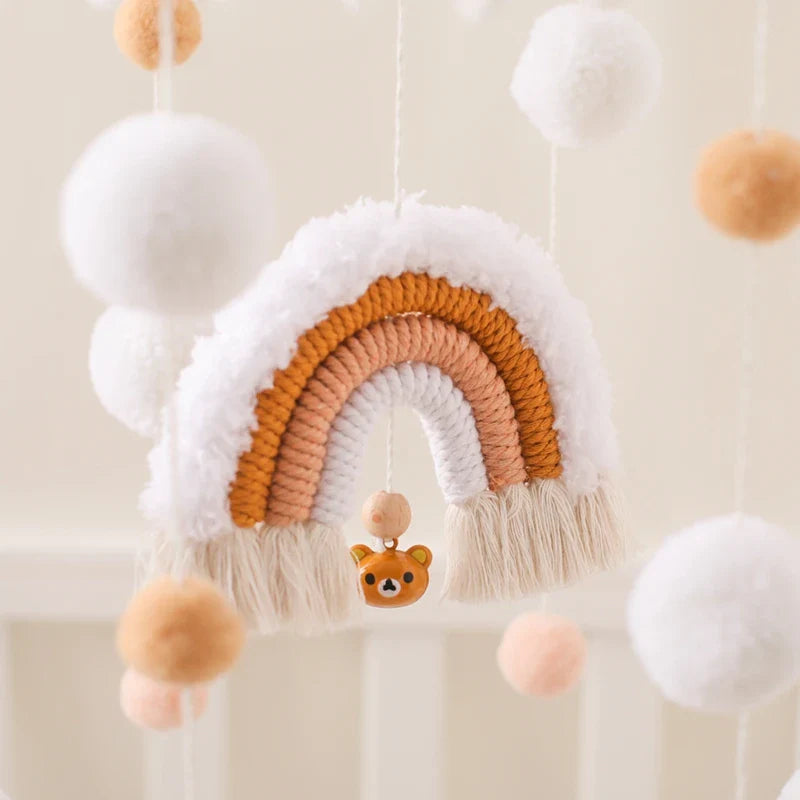 Boho Rainbow Wooden Crib Mobile with Felt & Wool Balls - Baby Crib Mobile